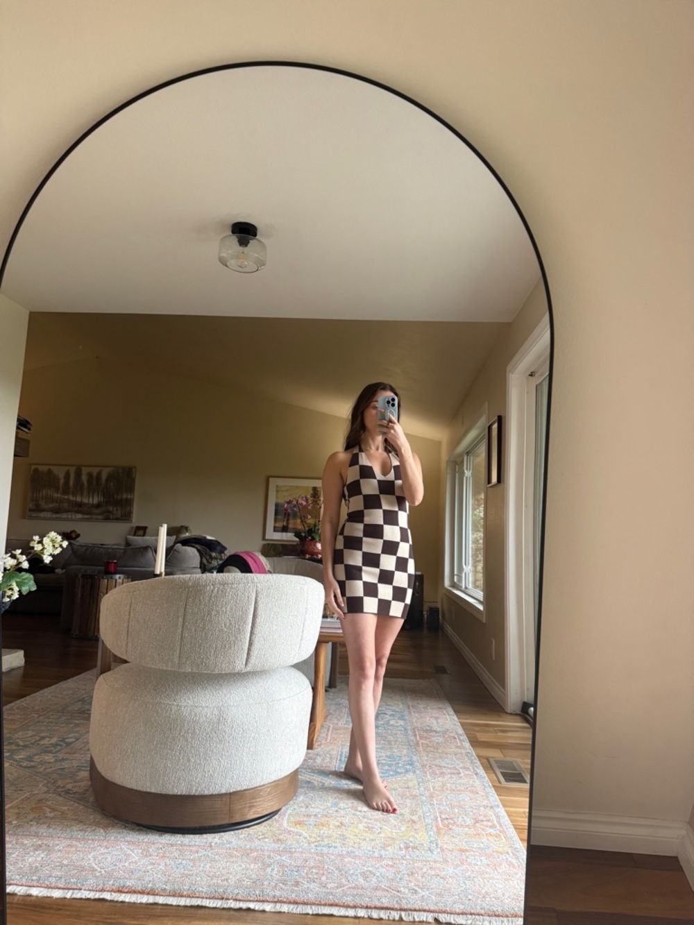Checkerboard Halter Mini Dress in Brown and Cream